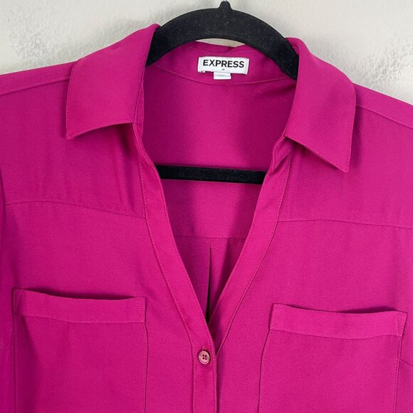 Express Shirt Womens XS Fuchsia Button Up Blouse Roll Tab Sleeve Top - Picture 2 of 7